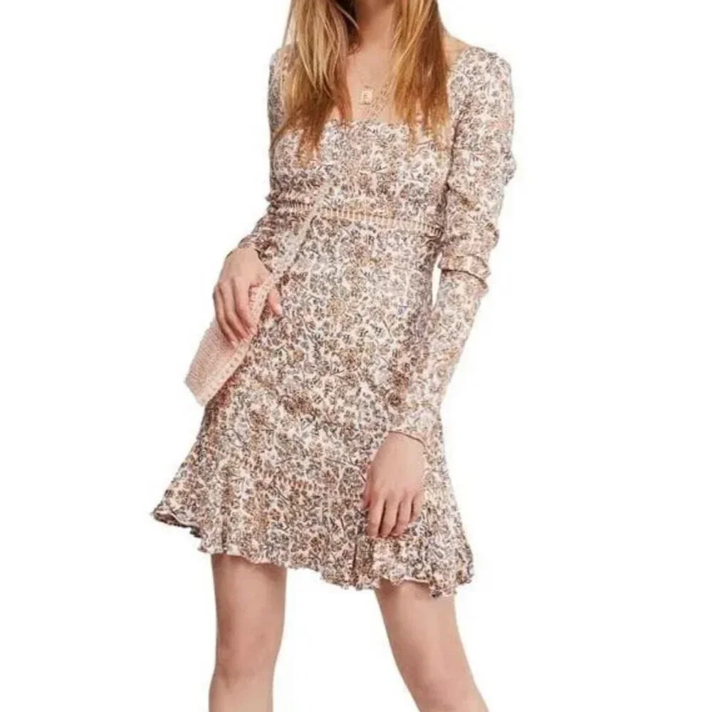 Free People BOHEME MINI DRESS Women Size 8‎ Dress Beige Yellow Floral NWT $128